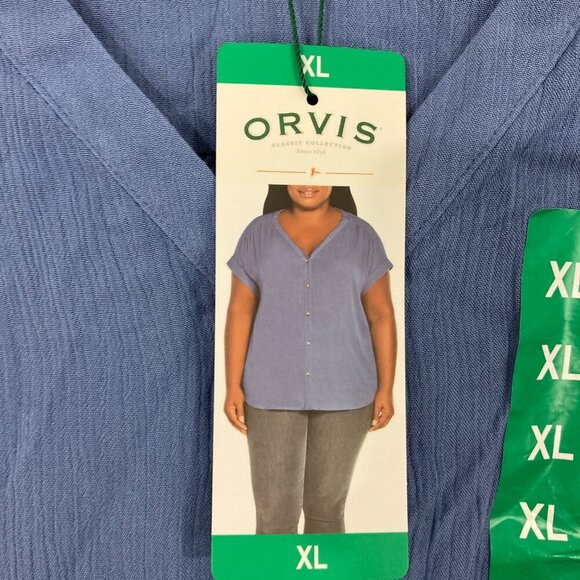 New Orvis Blue V Neck Gauzy Cotton Short Sleeve Relaxed Button Down XL - Picture 3 of 9